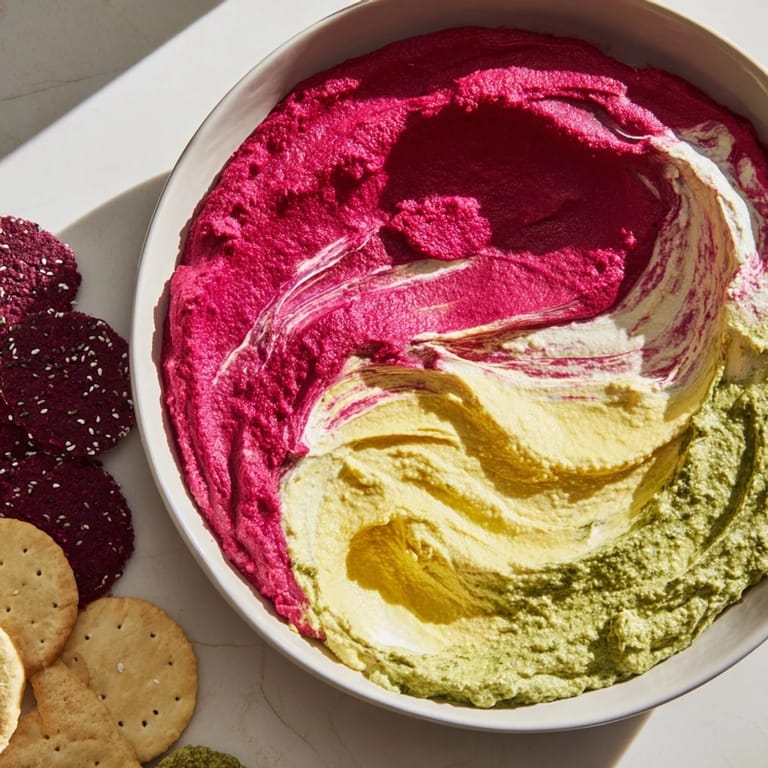Enjoy "The Marble Swirl": a gorgeous platter featuring marbled dips served with a variety of colorful crackers.