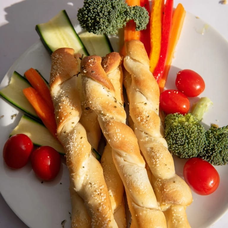Crisp raw vegetables surround warm Dinosaur Bone Prehistoric Crudités breadsticks with a creamy yogurt dip ready.