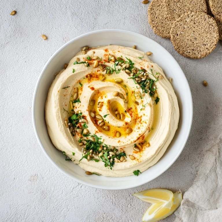 Artfully layered hummus and crackers create a visually appealing Sandstone Canyon appetizer, ready to serve and enjoy.