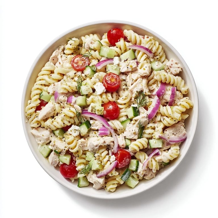 Cool, creamy Everything Bagel Chicken Pasta Salad, generously topped with extra seasoning, awaits.