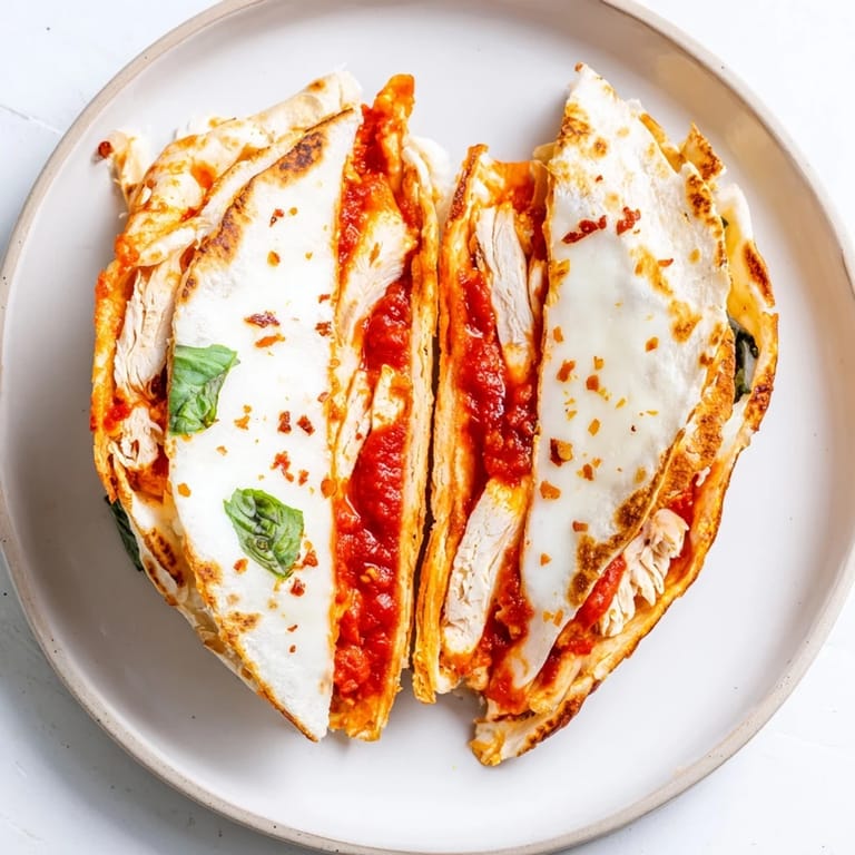 Quick, easy tortilla pizza wrap with chicken, featuring layers of cheese, flavorful chicken, and tangy marinara.