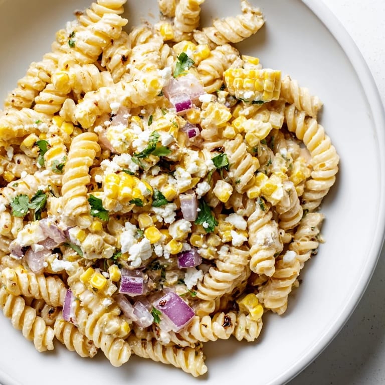 This creamy street corn pasta salad, bursting with flavor, features charred corn and zesty lime dressing.