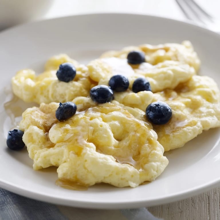 This image shows soft, tender fluffy scrambled pancakes, perfect served with fresh fruit.
