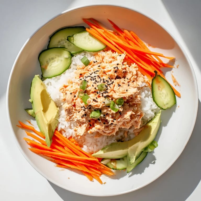 Imagine the flavors: Flavorful Spicy Canned Salmon Rice Bowl with bright vegetables, perfect for a quick and easy meal.