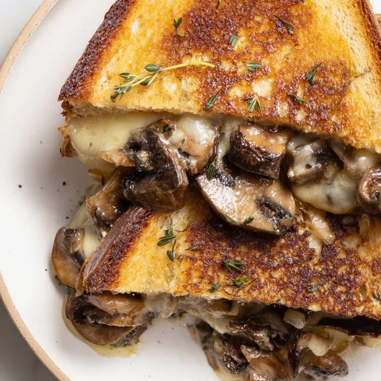 A close-up of a warm, gooey Creamy Mushroom Grilled Cheese, delicious and ready to be enjoyed.