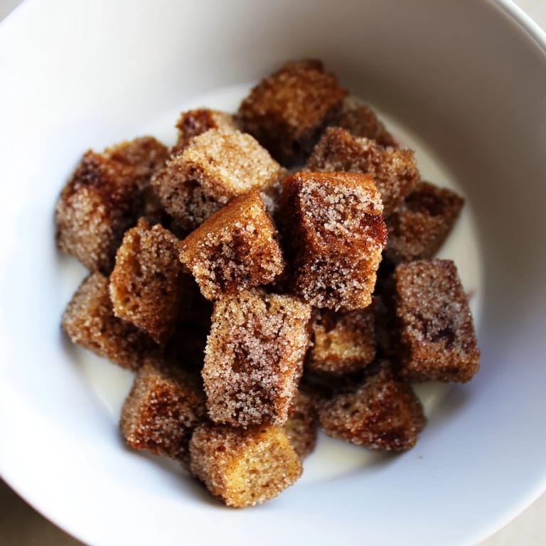 Crispy French Toast Cereal in a bowl, showcasing mini golden bread cubes coated in cinnamon sugar, ready to enjoy.
