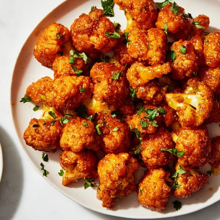 These perfectly-coated Buffalo Cauliflower Bites are arranged on a tray, ready for serving with dipping sauce.