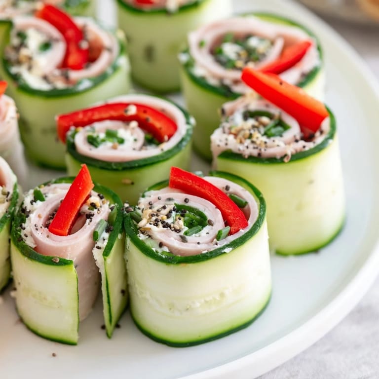 Bright photo of Cucumber Roll-Ups, rolled tightly with visible chives, dill, and a light crunchy texture.