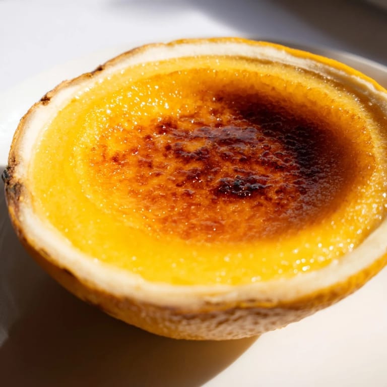 Beautifully browned, crisp sugar crust on a refreshing lemon brûlée posset, ready to enjoy.