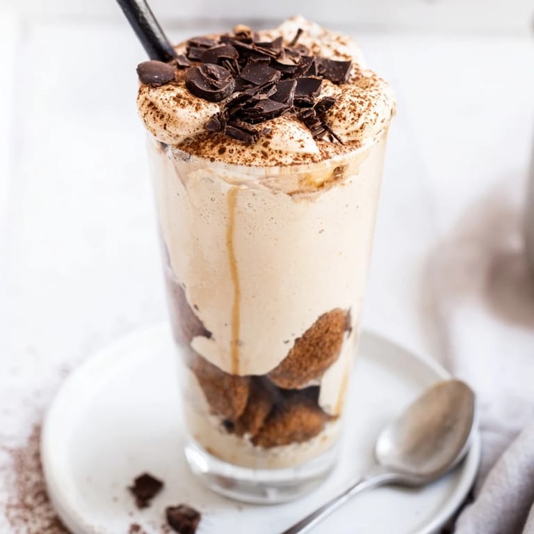 Creamy, layered Tiramisu Latte ready to drink, with visible biscuit crumbles and rich mascarpone.