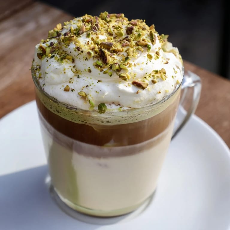 Sip on a homemade Pistachio Latte Cloud, featuring aromatic coffee and a velvety cold foam topping.