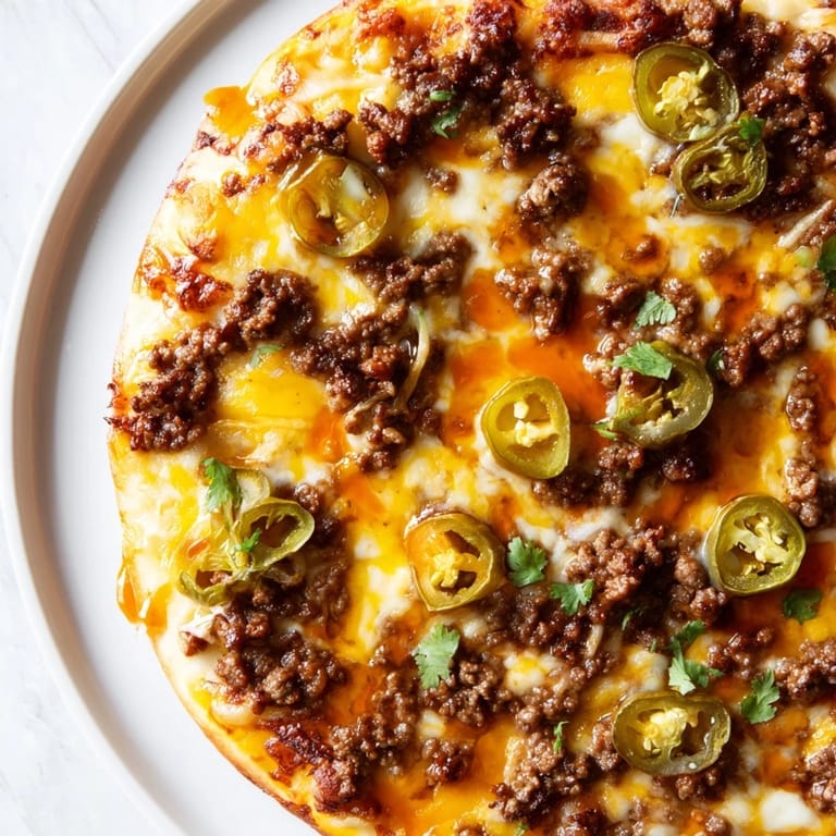 Savory Spicy Ground Beef Pizza Base, topped with melted cheese, ready to slice and eat hot.