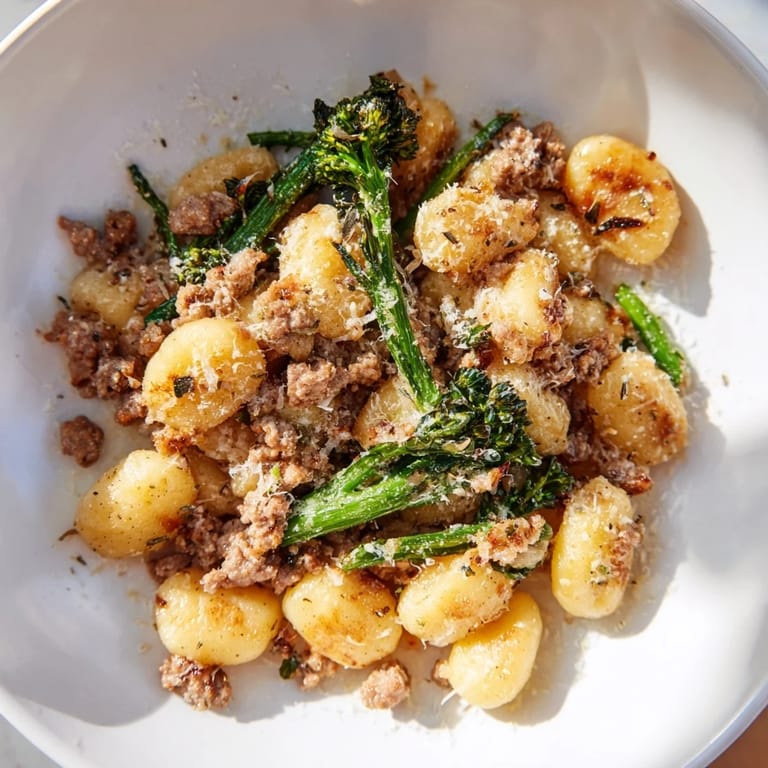 Tender potato gnocchi bake, tossed with herbs and sausage, offering an easy, flavorful, one-pan meal.