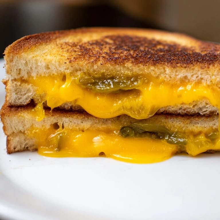 Two halves of Cheddar Jalapeño Grilled Cheese stacked on a white plate, steam rising from the gooey melted cheese and tangy jalapeños.