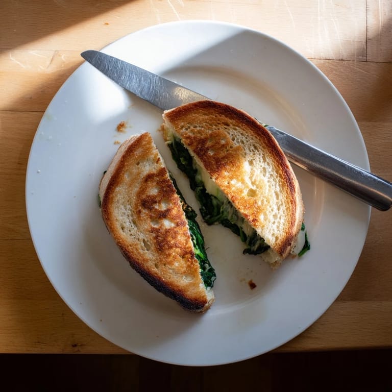 Melted cheese and wilted greens peek from crispy sourdough, highlighting this easy vegetarian Spinach Artichoke Grilled Cheese.