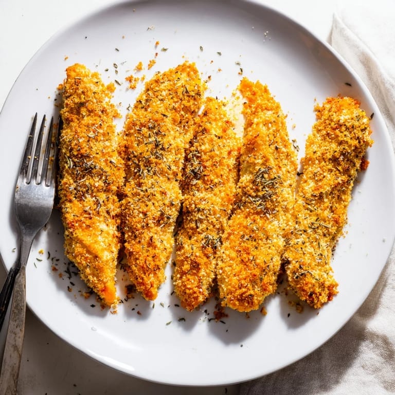 Oven-baked Crispy Panko Chicken Strips on a baking sheet with herbs, perfect for a family dinner main course.
