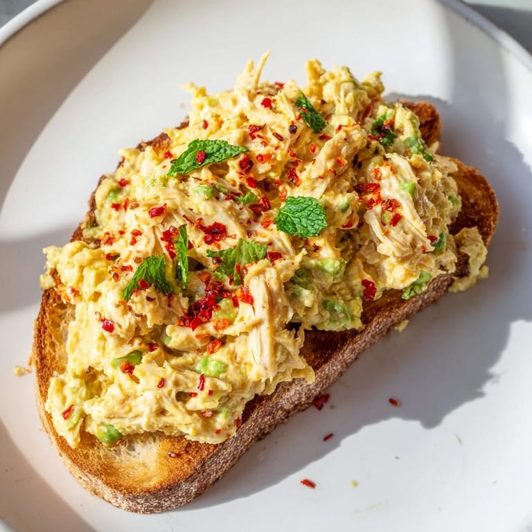 A close-up of warm Smashed Pea & Chicken Toast, showcasing the chunky pea mash and tender shredded chicken on golden toast.