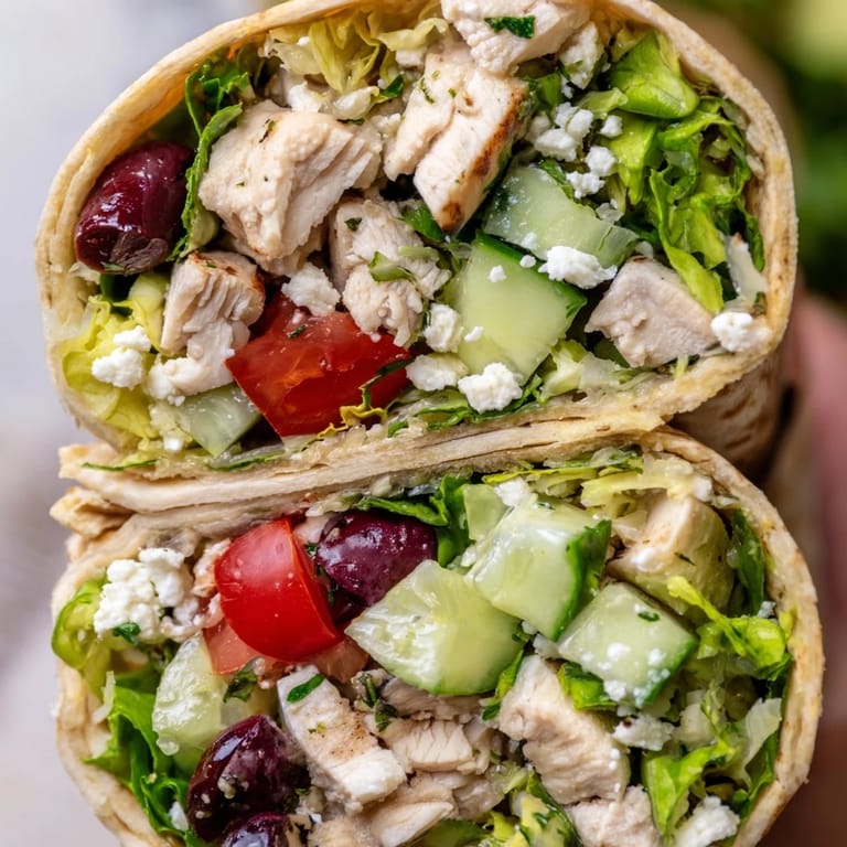 Golden grilled lemon chicken chunks nestled with fresh Greek salad ingredients like olives and red onion inside a soft, folded wrap.  
