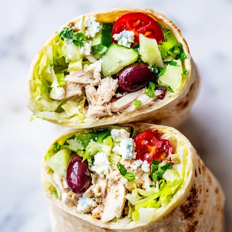 Bright, fresh Mediterranean flavors in this Greek Lemon Chicken Salad Wrap, featuring juicy chicken and vibrant veggies on a warm tortilla.