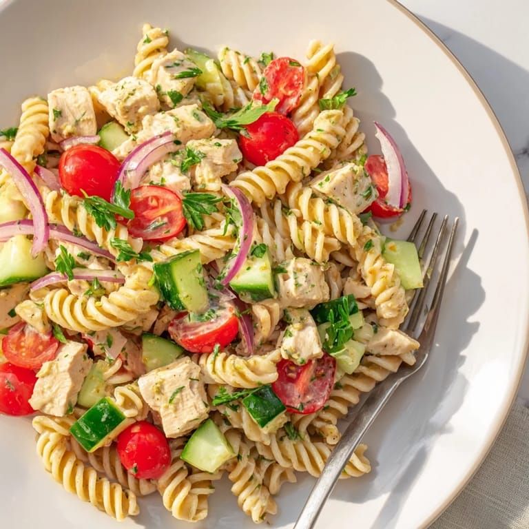 Close-up of Honey Mustard Chicken Pasta Salad featuring juicy diced chicken, spiral noodles, and chopped parsley garnish.