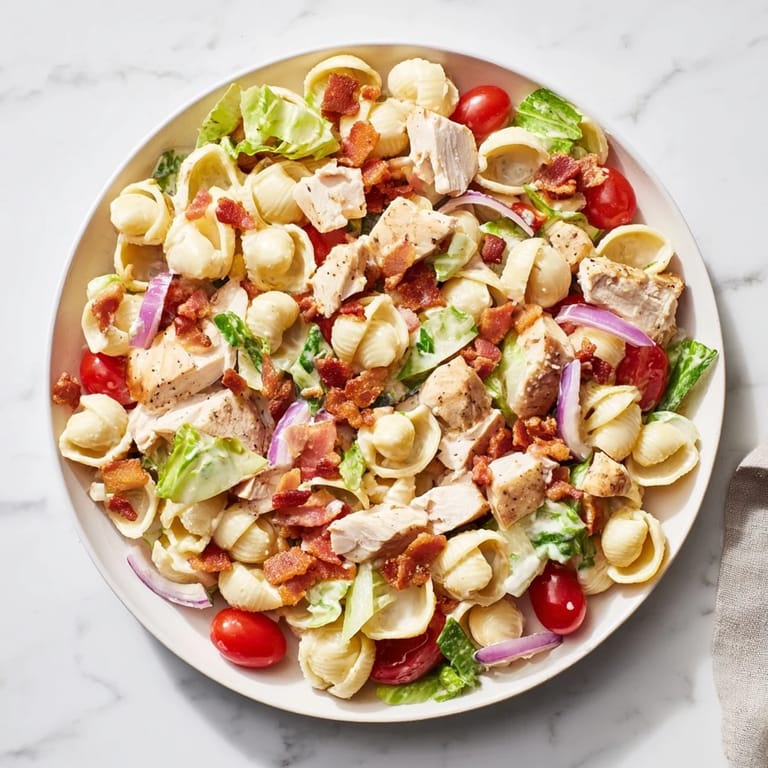 A fork rests beside tender pasta shells and chopped romaine, tossed in a light, tangy mayo dressing.