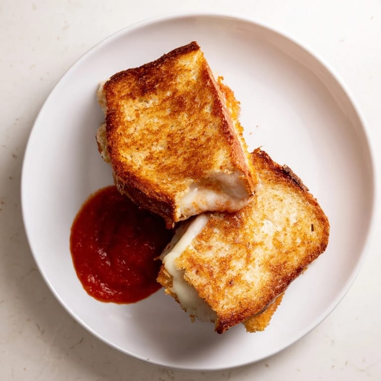 A close-up view reveals the gooey, stringy cheese pull from a mozzarella stick grilled cheese, served hot on a rustic wooden cutting board.  