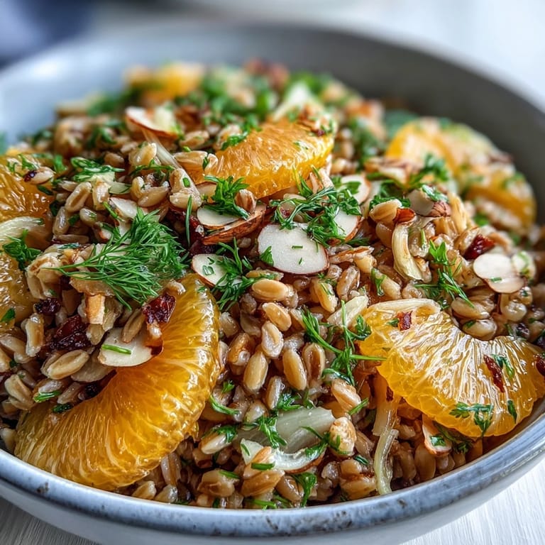Delicious farro salad with fennel, citrus, and toasted almonds, a fresh bite.