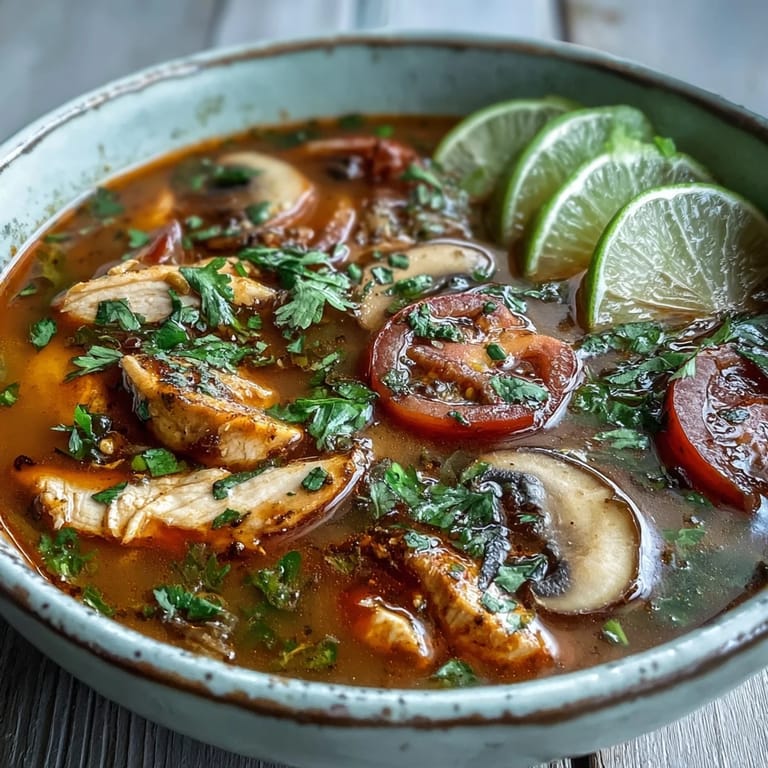 Steaming hot Tom Yum Gai soup showcases sliced mushrooms and Thai chiles in an aromatic, citrusy broth.