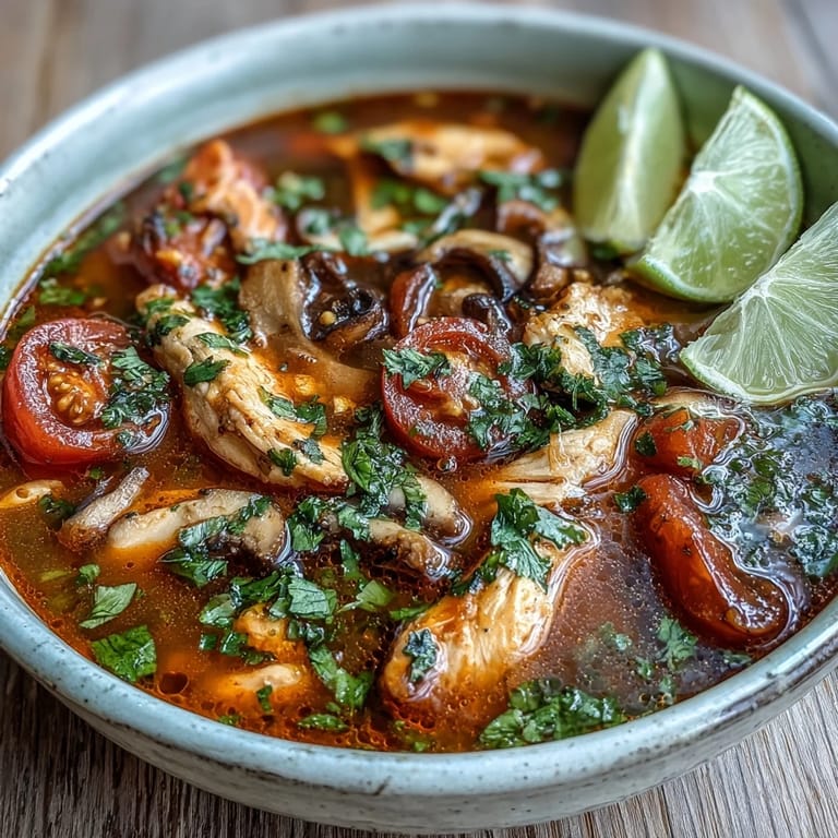 A vibrant bowl of Tom Yum Gai garnished with chopped cilantro and a fresh lime wedge.