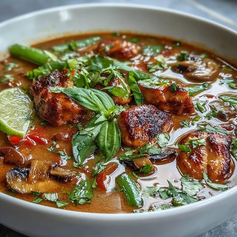 Thai Chicken Coconut Curry Soup with tender chicken and shiitake mushrooms served alongside fluffy jasmine rice.