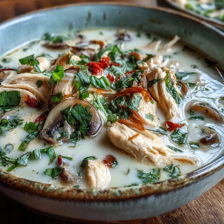 Steaming Authentic Tom Kha Gai soup with coconut milk, galangal, and lemongrass, served alongside fluffy jasmine rice for a cozy meal.