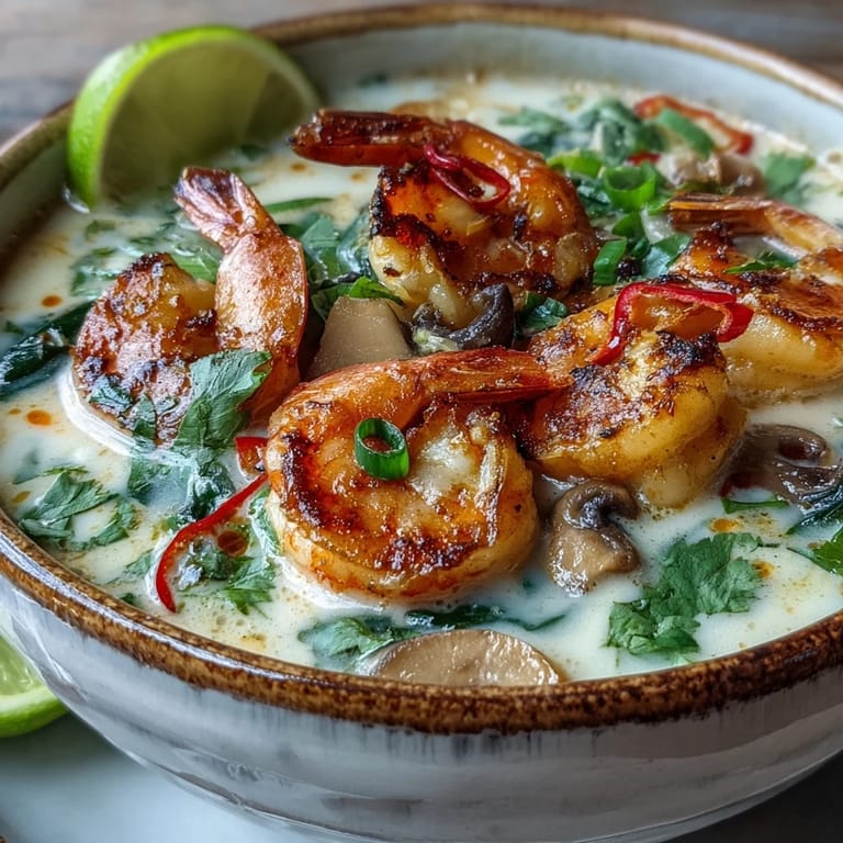 A ladle of Thai Coconut Shrimp Soup with tender shrimp and mushrooms, highlighting the rich coconut curry broth.