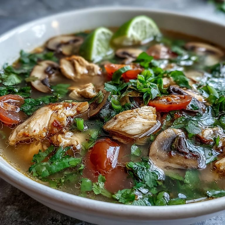 Overhead view of Tom Yum Chicken ingredients including lemongrass, chilies, and tomatoes ready for a spicy Thai-inspired meal.