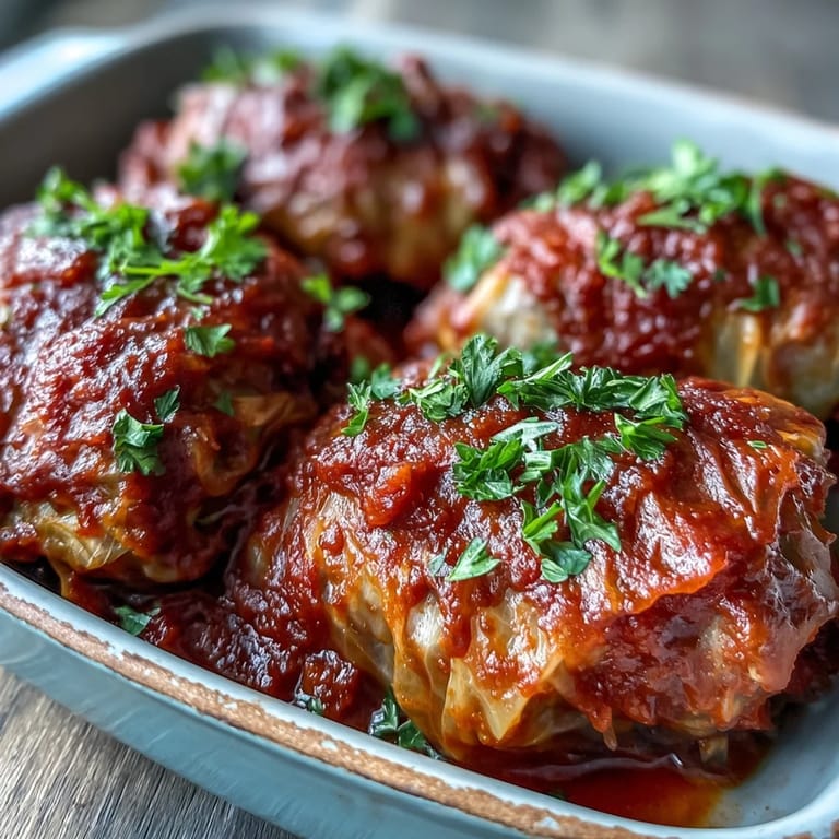 Hearty Eastern European Cabbage Rolls bubbling in tomato sauce, fresh from the oven in a baking dish.