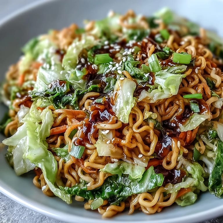 Quick weeknight Fried Cabbage Ramen, featuring crunchy cabbage, carrots, and savory sesame ginger sauce tossed with noodles.
