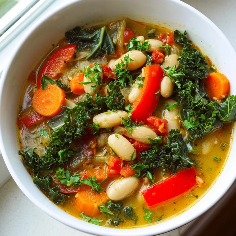 Mediterranean White Bean Stew simmered with red bell pepper and aromatic herbs, ready to serve with lemon wedges.