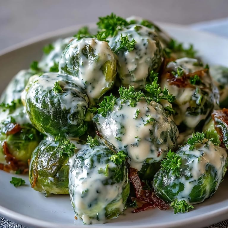 Savory Brussels sprouts in a smooth cream cheese-mustard sauce, plated with fresh parsley for a vibrant vegetarian side.