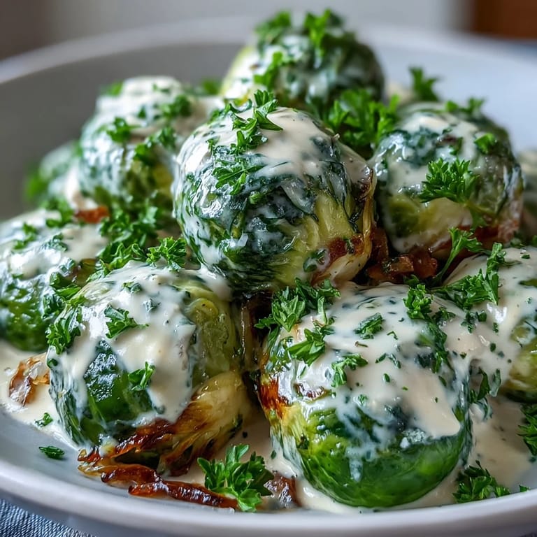 Tender Brussels sprouts coated in rich cream cheese and Dijon mustard sauce with garlic and onion, ready to serve.