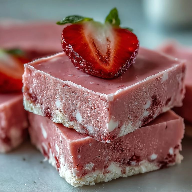 Homemade No-Bake Strawberry Fudge Squares arranged on a marble board, perfect for easy American dessert recipes.