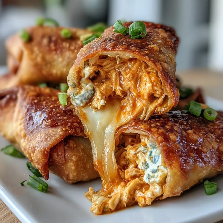 These golden, crunchy egg rolls are filled with Buffalo chicken dip and served with a drizzle of ranch for a creamy finish.