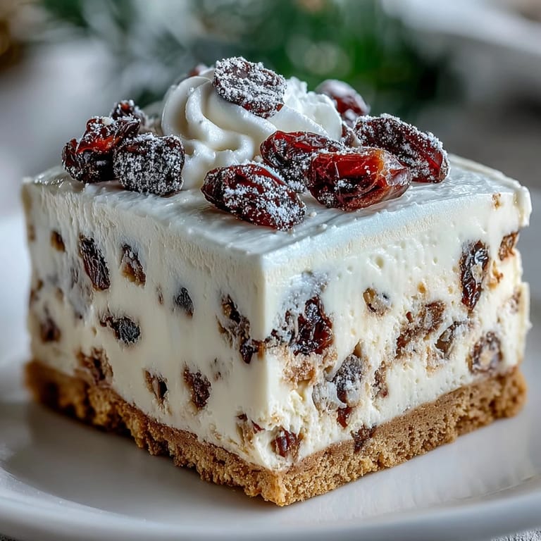 Freshly baked Christmas Cheesecake Slab dusted with snowy icing sugar, paired with a warm cup of spiced tea on the side.