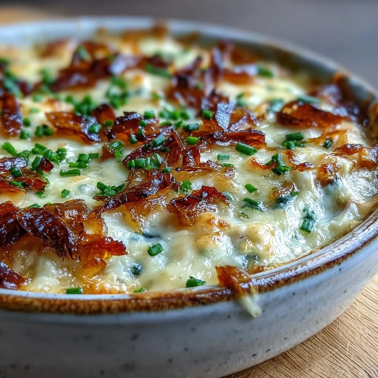 A warm bowl of Smoked Gouda & Onion Dip served with crunchy tortilla chips and fresh-cut vegetables, perfect for a party spread.  