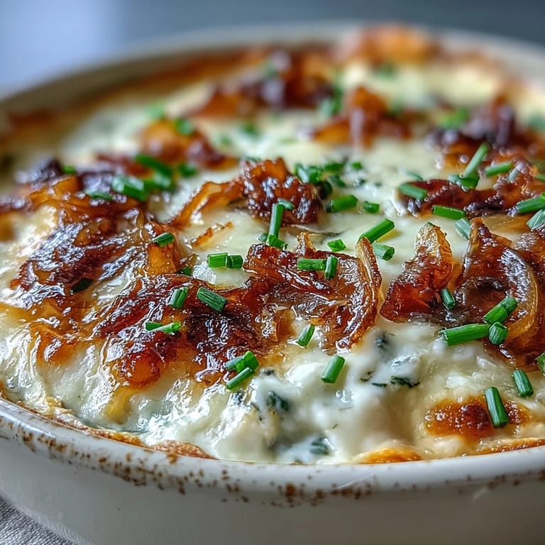 The rich, creamy texture of Smoked Gouda & Onion Dip is visible, featuring caramelized onions and melted cheese in a rustic baking dish.