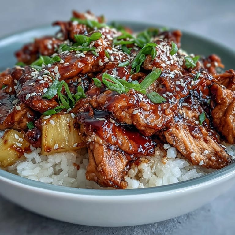 Easy Japanese-American Teriyaki Chicken and Rice Bowl served family-style, topped with scallions and sesame seeds next to a drizzle of sriracha.
