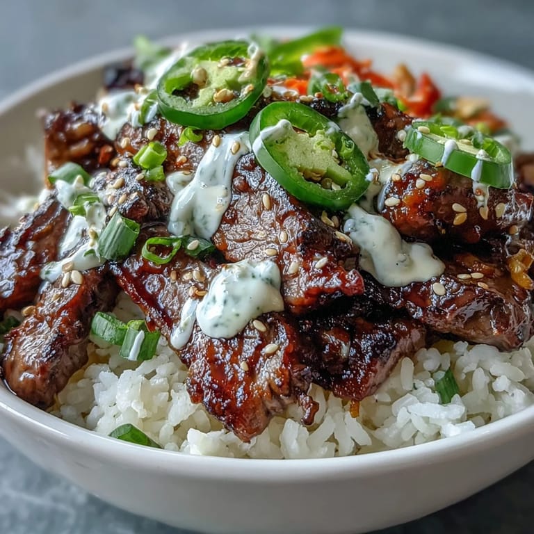 Flavorful Korean Beef Power Bowl with tender beef, tangy pickled carrots, fresh jalapeños, and a creamy sriracha mayo drizzle, arranged for a balanced meal.