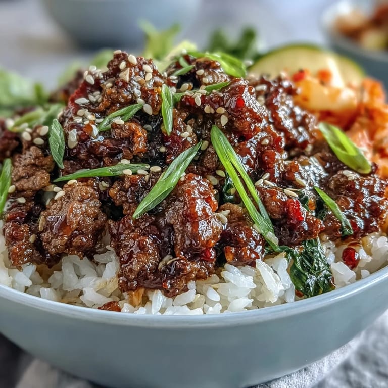 Colorful Korean Ground Beef Bowl with fluffy rice, crunchy carrots, kimchi, and edamame, ready for a quick weeknight dinner.  