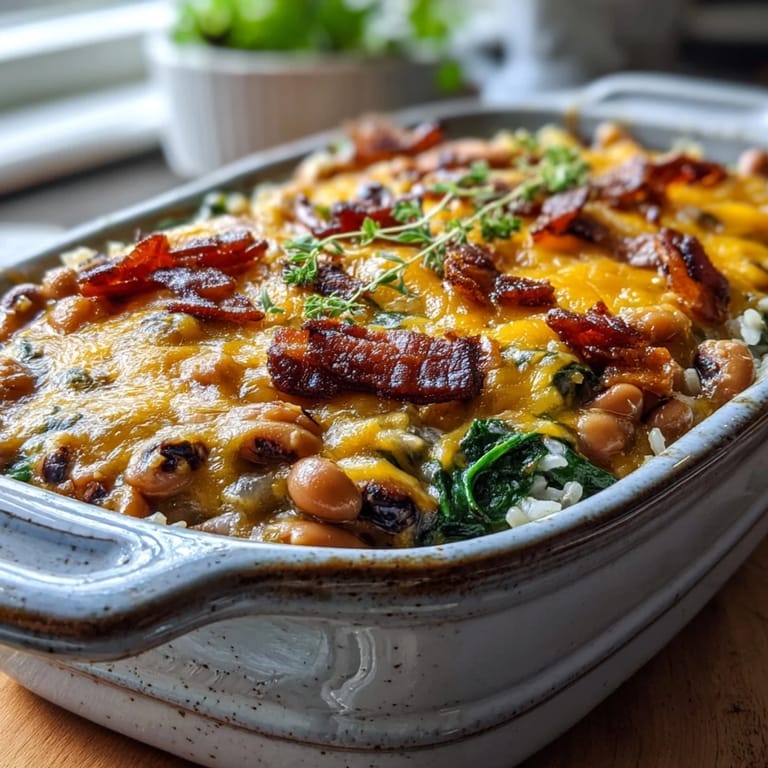 Bubbling Tex Mex Black Eyed Pea Casserole topped with melted cheese, fresh spinach, and smoky bacon pieces.