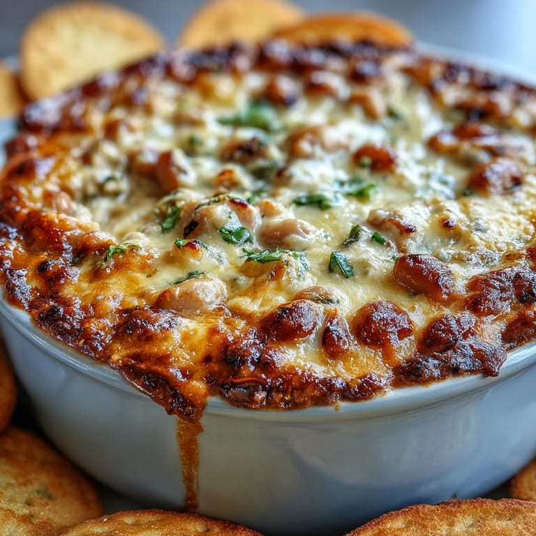 A close-up of Hot Black-Eyed Pea Dip, showing a cheesy, chunky texture with red bell pepper flecks.