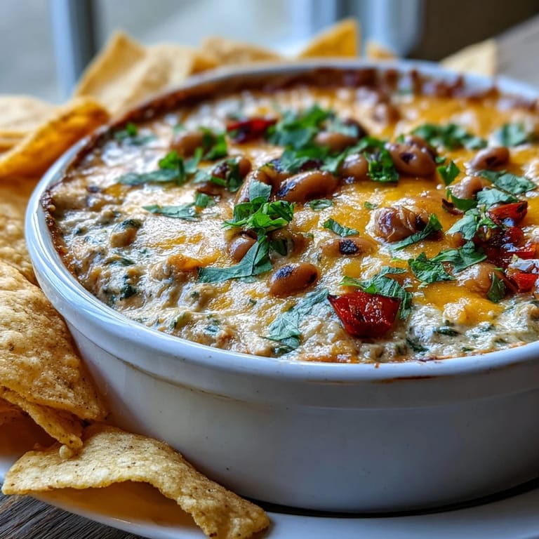 Freshly baked Black-Eyed Pea Dip with jalapeño and cumin, topped with cilantro and served with chips.