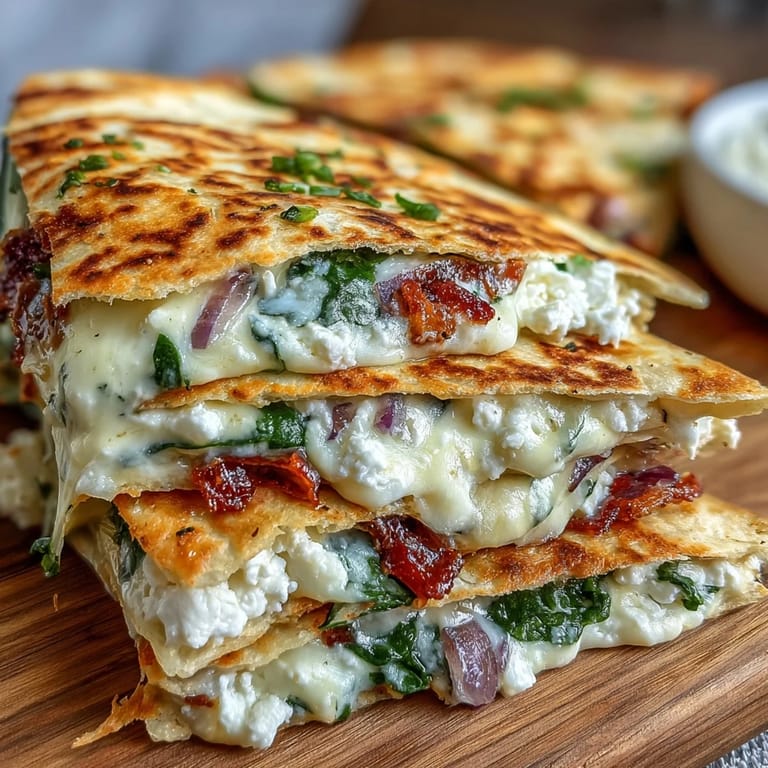 Sliced Mediterranean quesadilla wedges reveal a cheesy filling, served on a plate ready for a light dinner.